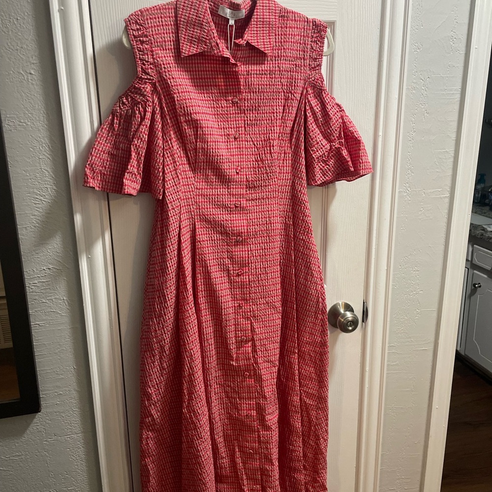 Red Gingham Cold Shoulder Dress